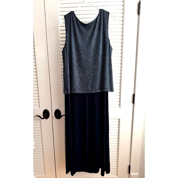 R&M Richards Woman 18W Navy Blue Sleeveless Long Dress Metallic Overlay Formal - Picture 2 of 6